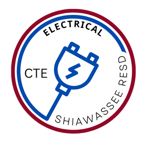 Blue male electrical cord with the words Electrical, CTE, and Shiawassee RESD surrounding the image