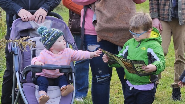 Toddler in stroller reaches from pamphlet being ready by another toddler.